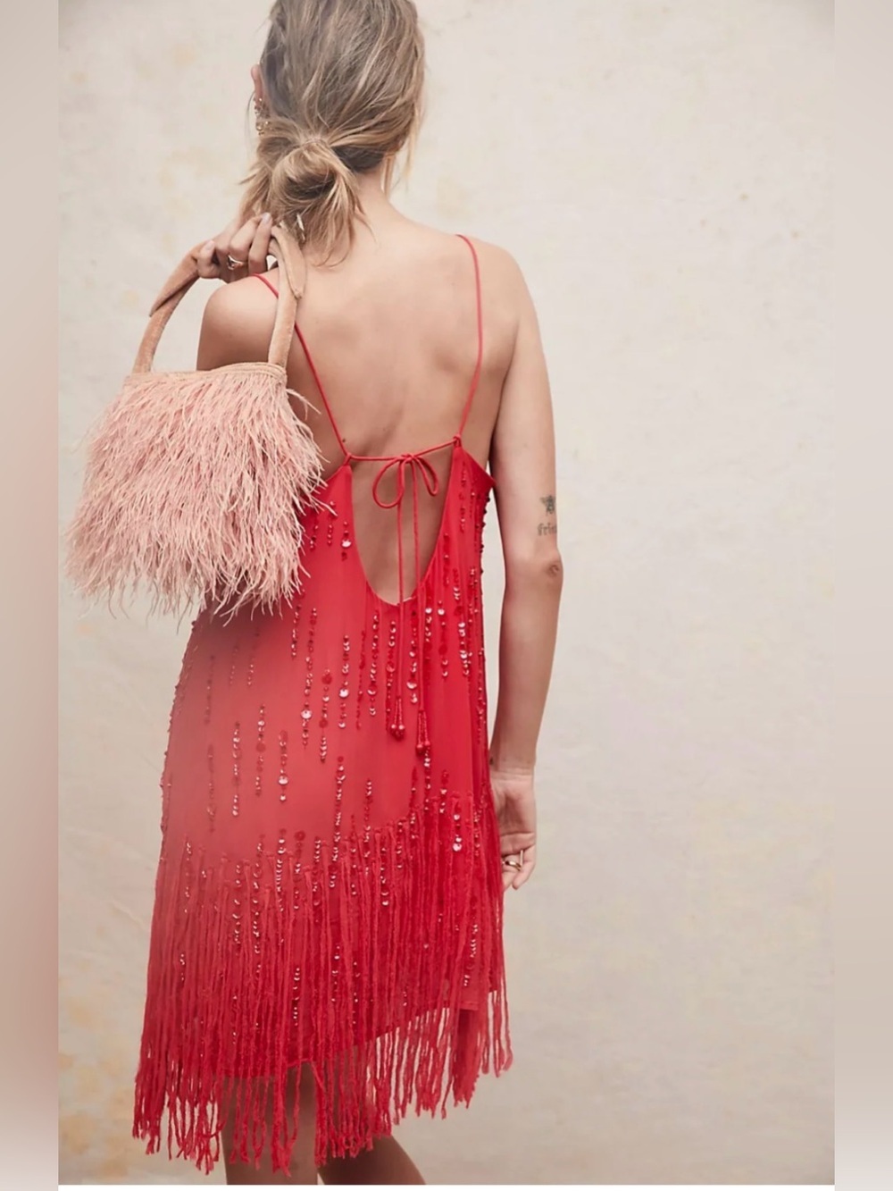 Free People Crystal Clear Sequin Fringe Mini Dress Red Size XS